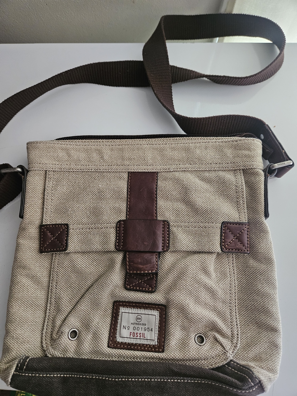 Fossil Men's Canvas Crossbody Bag in Beige with Brown Trim